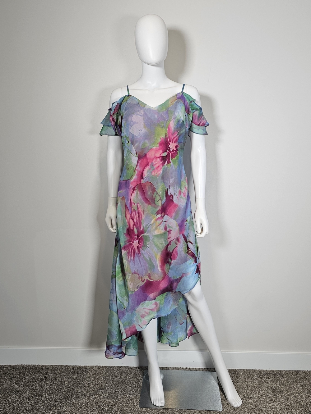 Cartise Lightweight Watercolor Blue Green Pink Cold Shoulder Summer Dress Sz 14